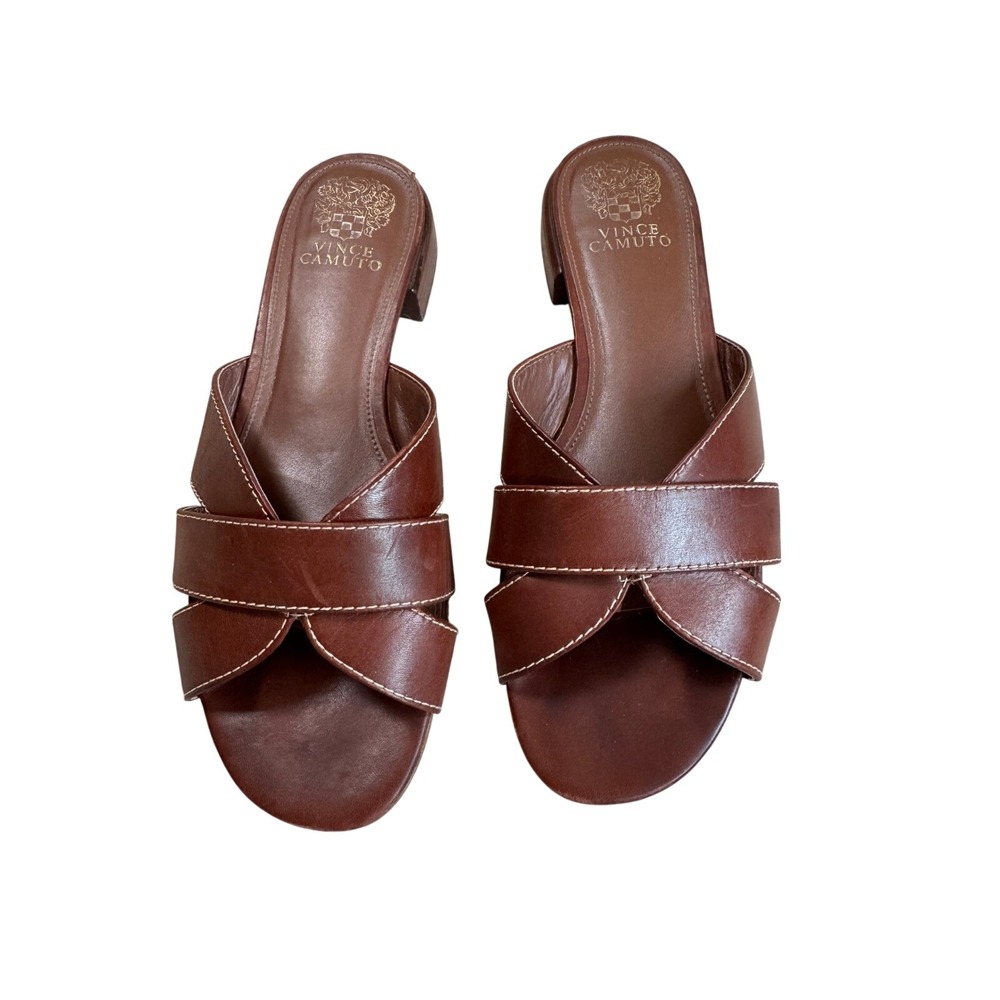 Vince Camuto Maydree Whiskey Brown Leather Slide Sandals Block Heel Womens 10M